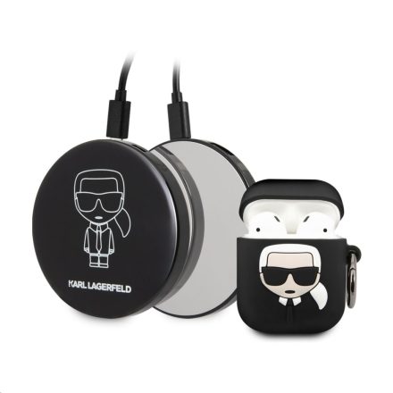 Apple Airpods 1/2 + Powebank KARL LAGERFELD KLBPPBOA2K Liquid Silicon Tartó és Töltő - Fekete