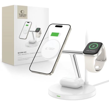 Tech-Protect QI15W-A35 3in1 MagSafe Asztali Töltő - Fehér