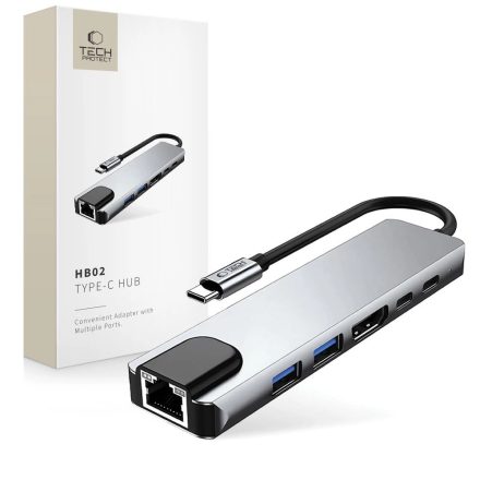 Tech-Protect HB02 HUB Adapter 6in1 USB-C + USB2.0 + USB3.0 + HDMI 4K 30Hz + RJ45 + PD100W HUB Adapter - Grafit
