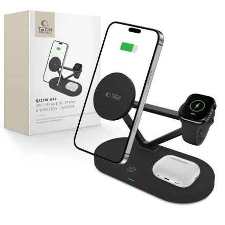 Tech-Protect QI15W-A41 3in1 MagSafe Asztali Töltő + Led Esti Fény - Fekete