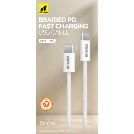 Type Gorilla Braided PD USB Type-C 100W 2M Adatkábel - Fehér