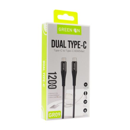 Green On GR09 PD 60W USB Type-C 1.2M Adatkábel - Fekete